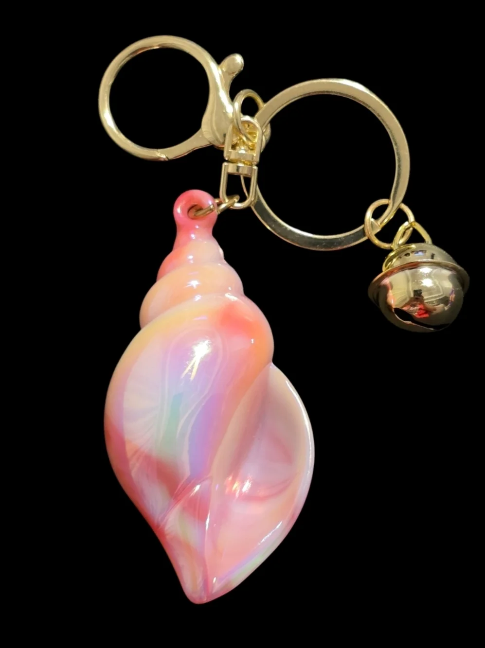 Pink Iridescent Shell Bag Charm Keychain with Gold Accents